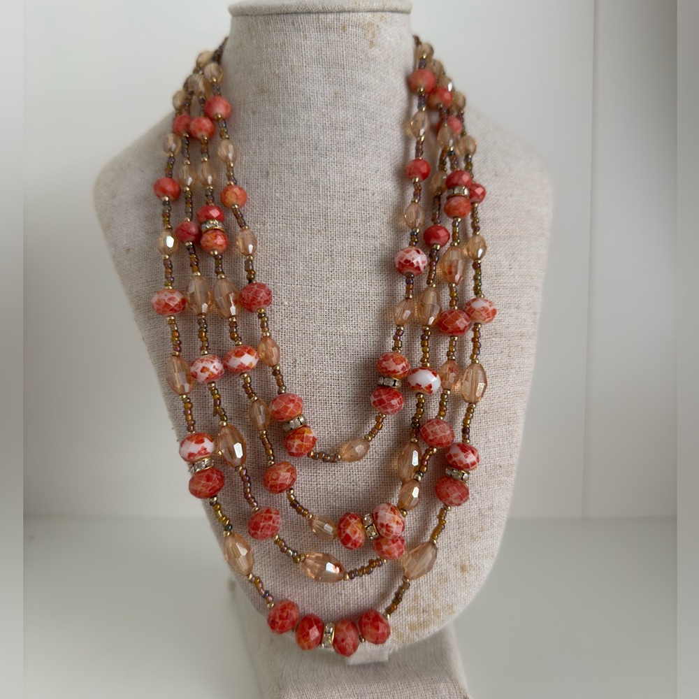Multi-Strand Red and Gold Beaded Women's Necklace - Picture 2 of 2